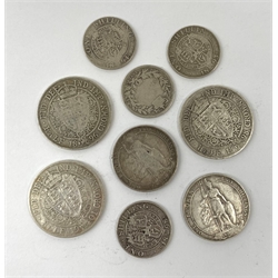 Three Queen Victoria half crown coins, 1896, 1898 and 1901, four shillings, 1872, 1893, 1894 and 1898 and two King Edward VII standing Britannia florins dated 1903 and the other illegible, total weight approximately 85 grams