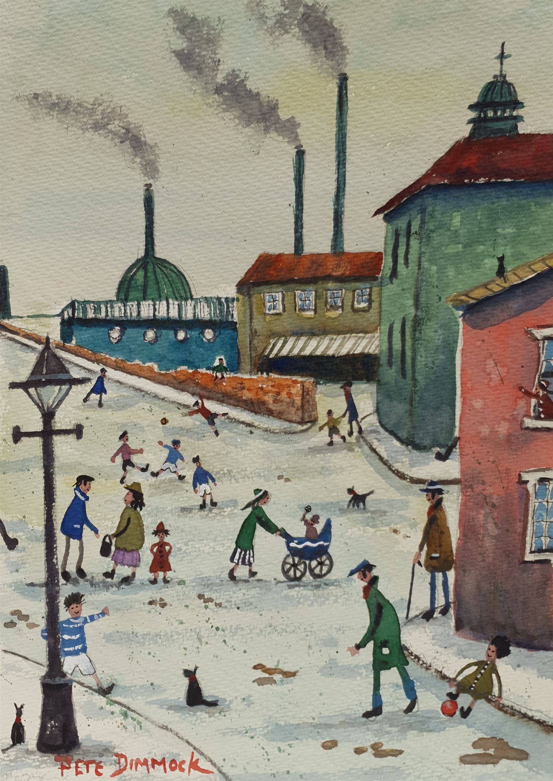 Pete Dimmock (Northern British Contemporary): 'Dog Kids Football Cat', watercolour signed 35cm x 26cm (unframed)