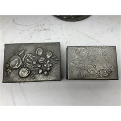 Art Nouveau style pewter hanging wall plaque depicting a woman and child, a hammered pewter frame and two hinged lidded boxes embossed with fruit and flowers, etc, frame H23.5cm