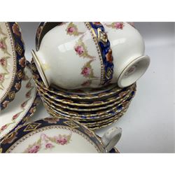 Early 19th century Royal Albert Imari pattern part tea service, comprising eight teacups, eleven saucers, twelve side plates, open sucrier, and two larger plates, all stamped beneath