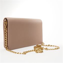 Prada - Saffiano Leather Mini Crossbody Bag, in structured nude-pink leather with detachable gold-tone chain shoulder or crossbody strap and hardware, Prada Milano raised logo, with crimson leather interior, unused with original dust bag
