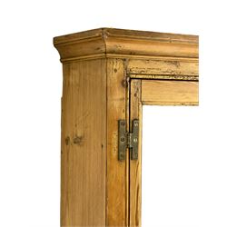 Large early 19th century pine corner cabinet, two astragal glazed doors enclosing two shelves, two panelled doors below, plinth base