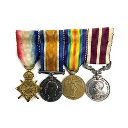 WW1 group of four miniature medals comprising 1914-15 Star, British War Medal, Victory Medal and George V Army meritorious Service Medal, on bar with ribbons