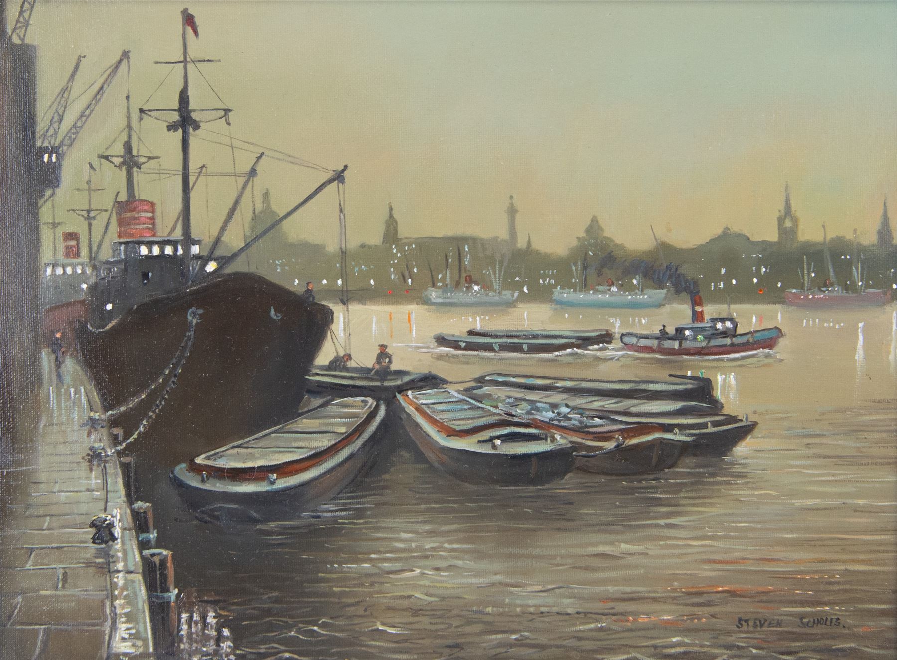 Steven Scholes (Northern British 1952-): 'Hay's Wharf - River Thames - London 1962', oil on canvas signed, titled verso 29cm x 39cm
