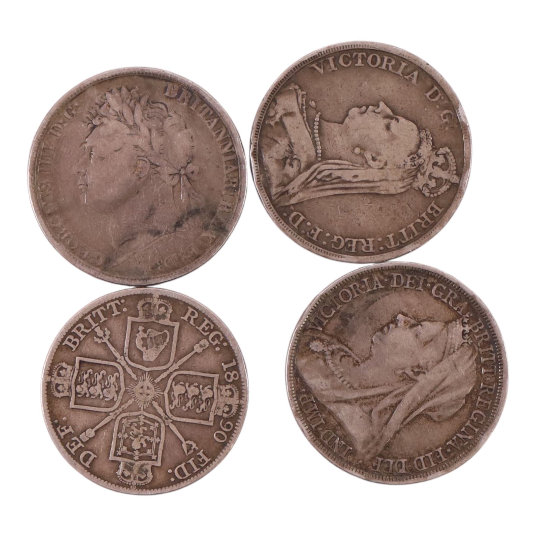 George IIII 1821 silver one crown coin, Queen Victoria 1889 silver one crown coin, Queen Victoria 1890 silver double florin coin, and Queen Victoria 1893 silver one crown coin (4)