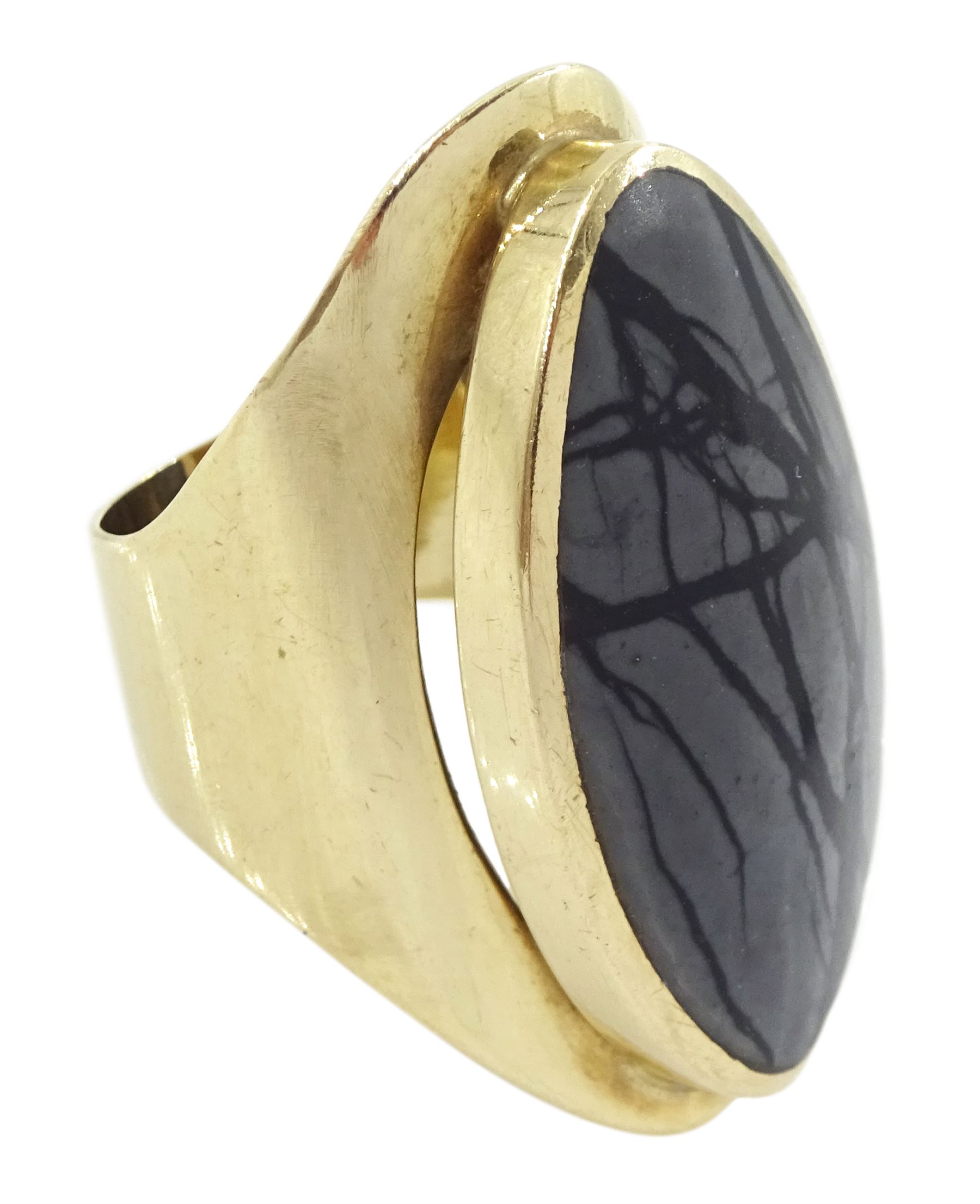 9ct gold Picasso jasper ring, single oval cut jasper, set within an openwork gallery by C W Sellors, Sheffield 1997