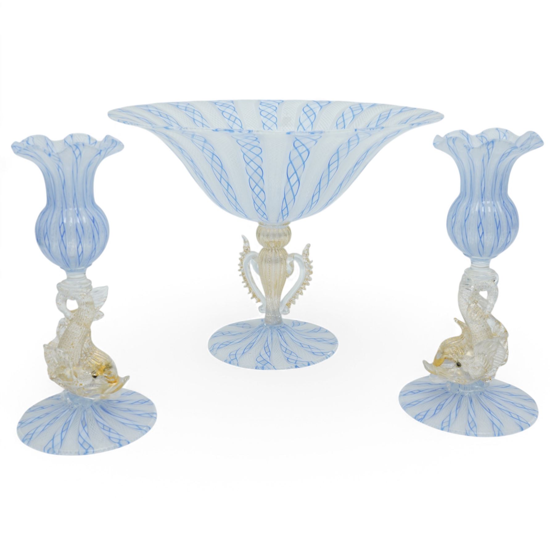 Venetian Murano blue and white glass latticino zanfirico closely matched trio, the flanking vases with stems formed as dolphins, compote vase H21.5cm (3)
