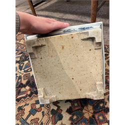 19th century Chinese blue and white planter and stand, each of square slightly tapering and flared form, the planter decorated with figures and precious objects between stylised foliate borders, the stand decorated with landscapes beneath a lipped rim with cell band, planter H28cm D25.5cm, stand H7cm D26cm