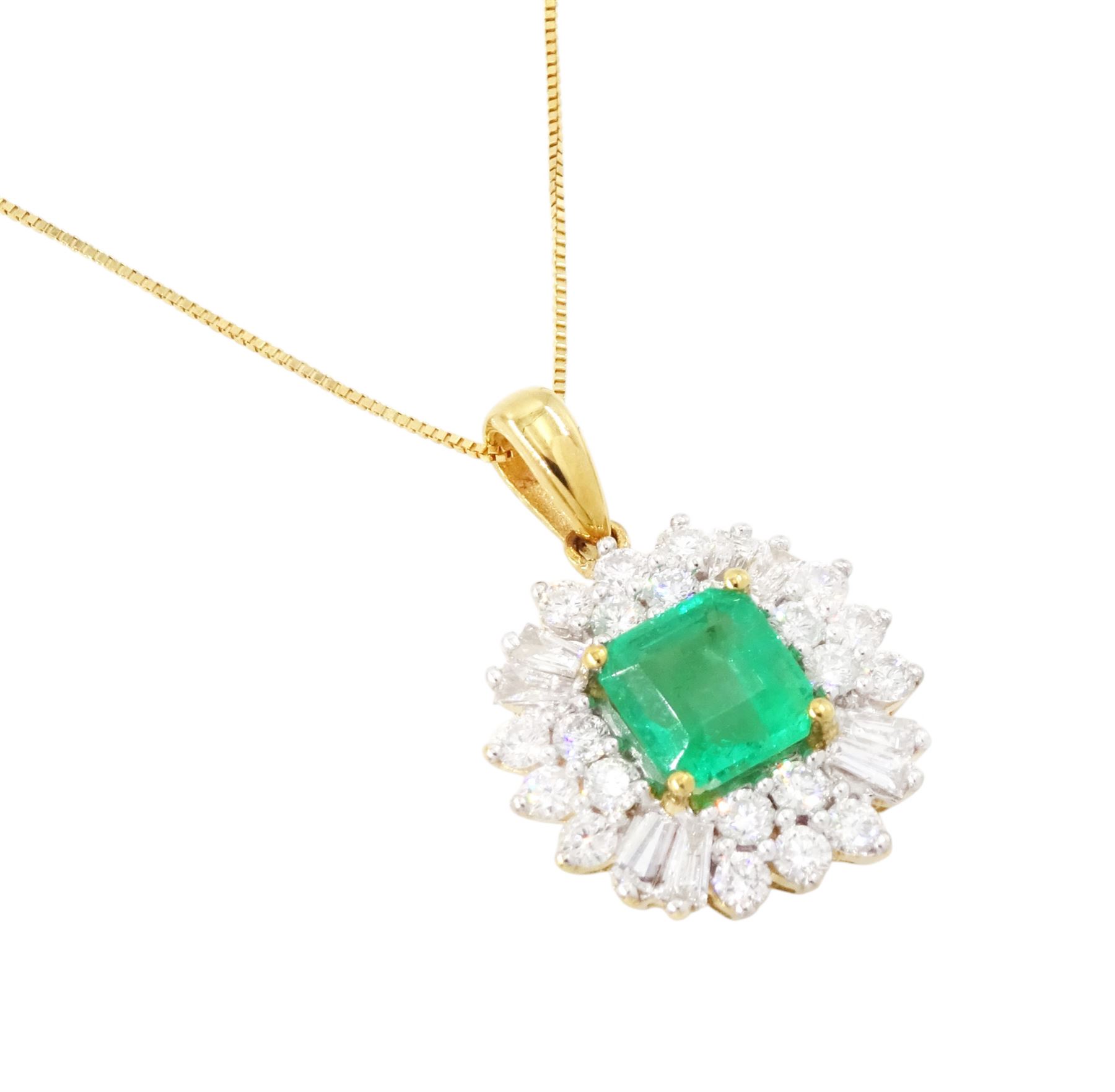 18ct gold Colombian emerald and diamond cluster pendant by Iliana, single octagonal cut emerald of 1.65 carat, surrounded by two rows of twenty round brilliant cut diamonds, spaced by eight tapered baguette cut diamonds, hallmarked, total diamond weight 0.96 carat