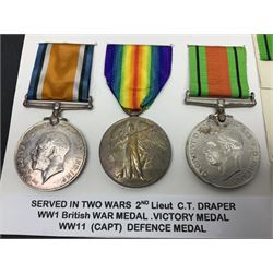 WWI pair of medals comprising British War Medal and Victory Medal awarded to 2nd Lieutenant C.T. Draper; and WWII Defence Medal awarded to Captain C.T. Draper with War Office letter of confirmation; all with ribbons (3)