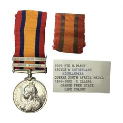 Victoria Queens South Africa Medal with Cape Colony and Orange Free State clasps awarded to 2929 Pte. H. Darcy Argyle and Sutherland Highlanders; with replacement ribbon and fragment of original.