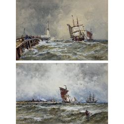 Frank Henry Mason (Staithes Group 1875-1965): Ships Returning to Calais and Shipping off the Coast, possibly St Andrews, pair watercolours heightened in white signed 15cm x 23cm (2)