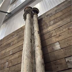 Large 19th century painted pine club shaped column, carved capitals with a cluster of three circular supports, flat back