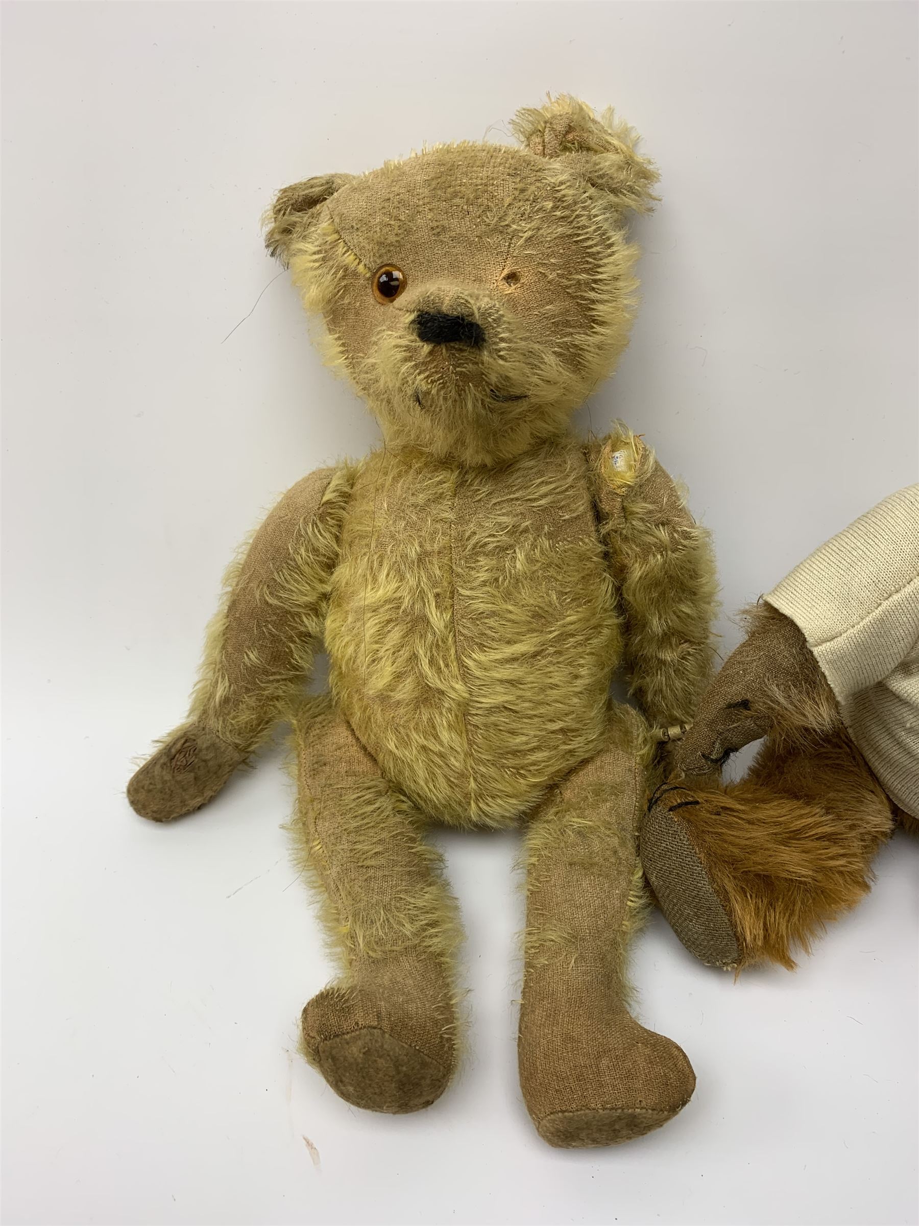 Early 20th century cinnamon coloured bear c1920, possibly continental, with unusual hedgehog styled head/face, swivel jointed head, wood wool filled body with jointed limbs, five claw stitches to feet  and inoperative growler mechanism H16