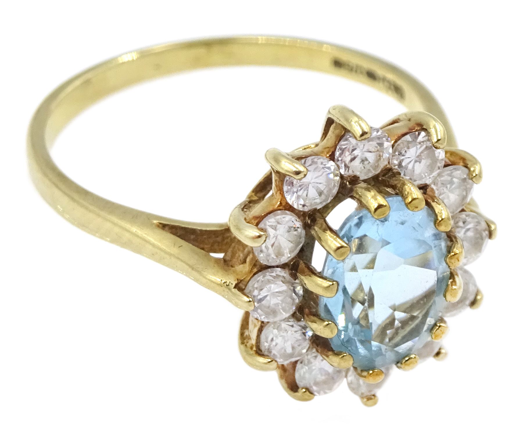 9ct gold oval blue topaz and cubic zirconia cluster ring, hallmarked 