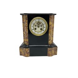 Mid Victorian c1860 Belgium slate mantle clock with a flat top and curved serpentine amber and sienna variegated marble panels to the front, with an eight-day spring driven French striking movement by “Henry Marc, Paris”, two-part recessed enamel dial with a visible Brocot escapement, Roman numerals and steel moon hands. With Pendulum
