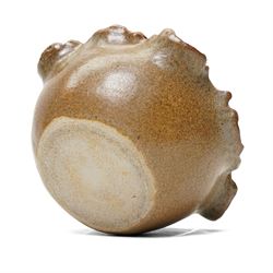 Bernard Rooke (1938-) - small stoneware vase, the rim formed as lily pads and frogs in a brown glaze H9cm, purchased from The Mill Gallery, Swilland,  Ipswich