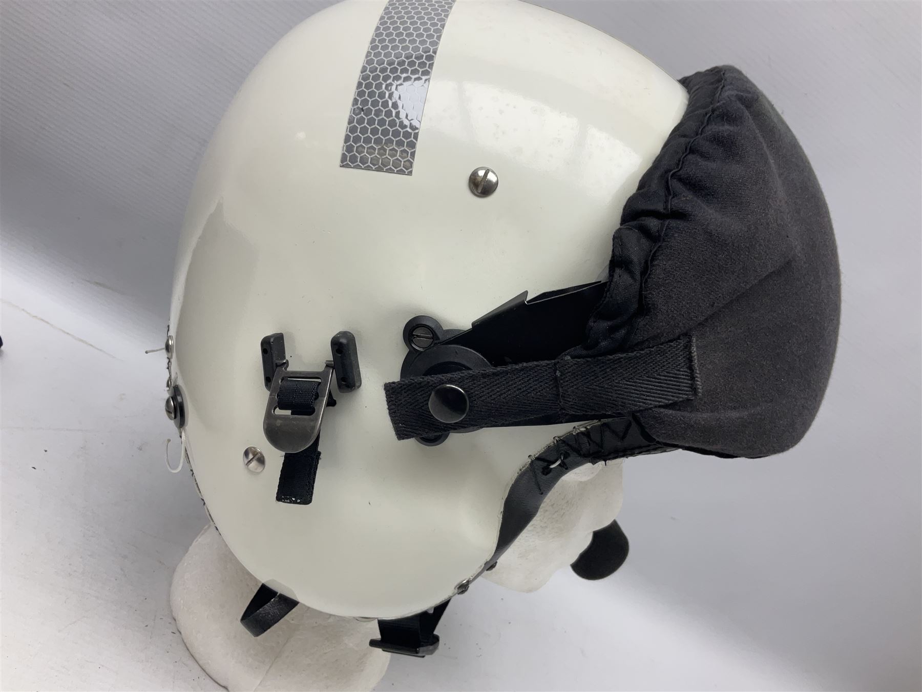 RAF Alpha MK 4 helicopter pilot's flying helmet, finished in white for civilian/rescue service use; reconditioned and avionics tested as working; black cloth cover to visor; fitted with boom microphone; medium size; in blue cloth carrying bag