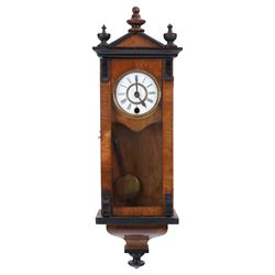 German miniature 8-day wall clock, in walnut case with gable pediment and finials, enamel ...