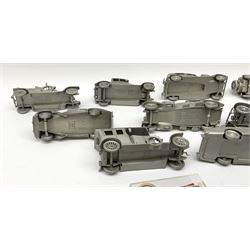 Twelve Danbury Mint pewter models of vehicles including Rolls Royce '1936 Park Ward Baby Rolls', Rolls Royce '1907 The Silver Ghost' etc and a small number of pin badges and car fobs