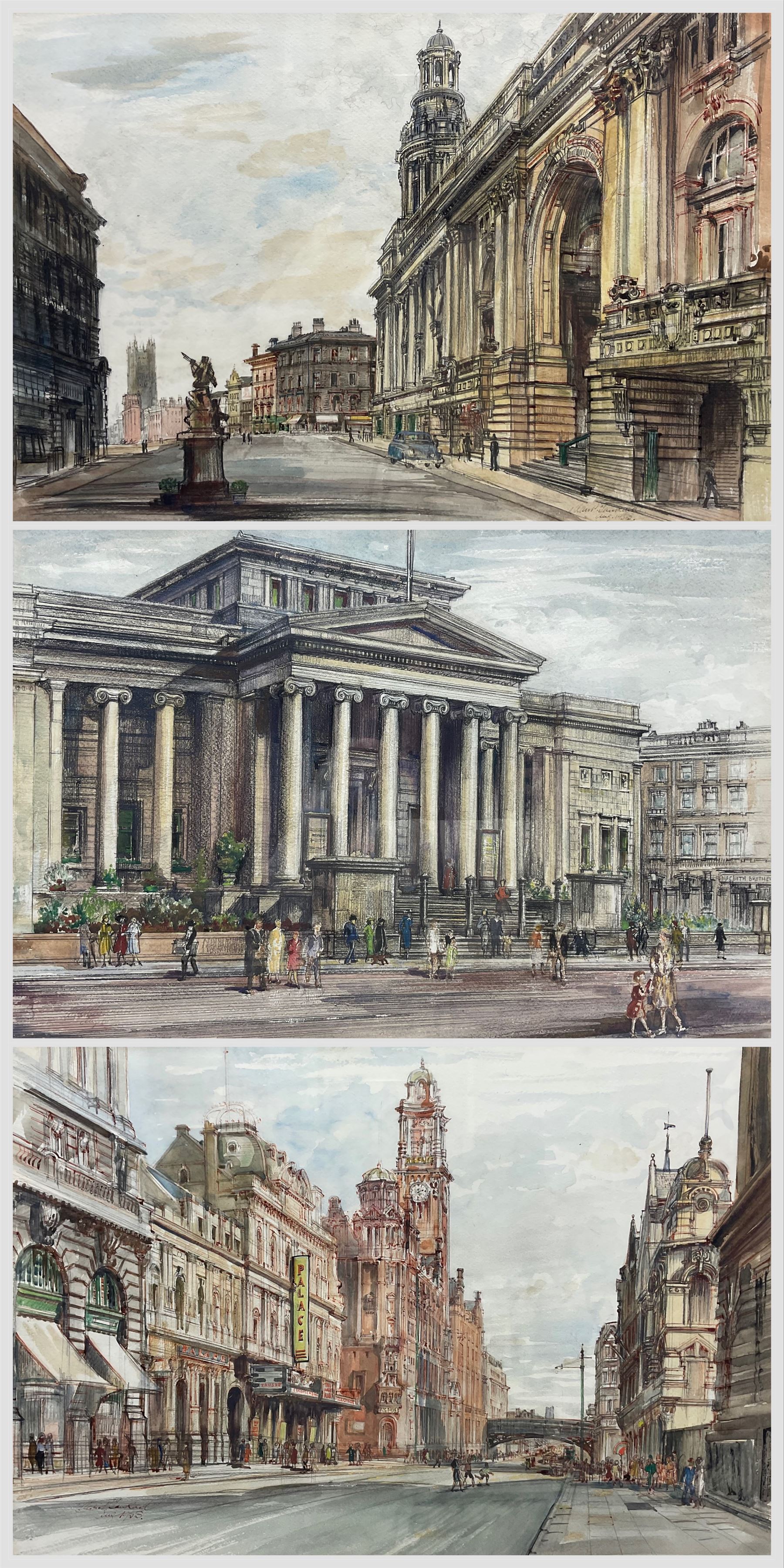 Allan Peel Tankard (British 1897-1964): London Street Scenes, set of three ink and watercolours signed and dated 1953, in matching frames, max 37cm x 55cm (3)