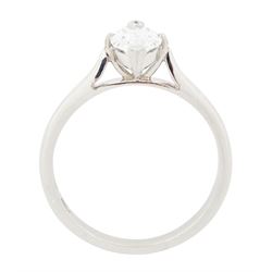 Platinum diamond ring, four claw set with a single marquise cut diamond of 1.01 carat, London 2014, with GIA report