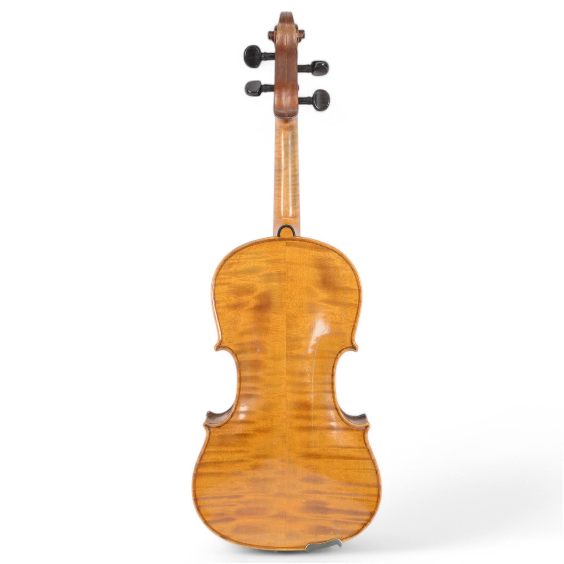 Early 20th century violin, copy of a Franciscus Gobetti, with a maple back and spruce top with ebonised fittings, in a hard velvet lined case with bow.