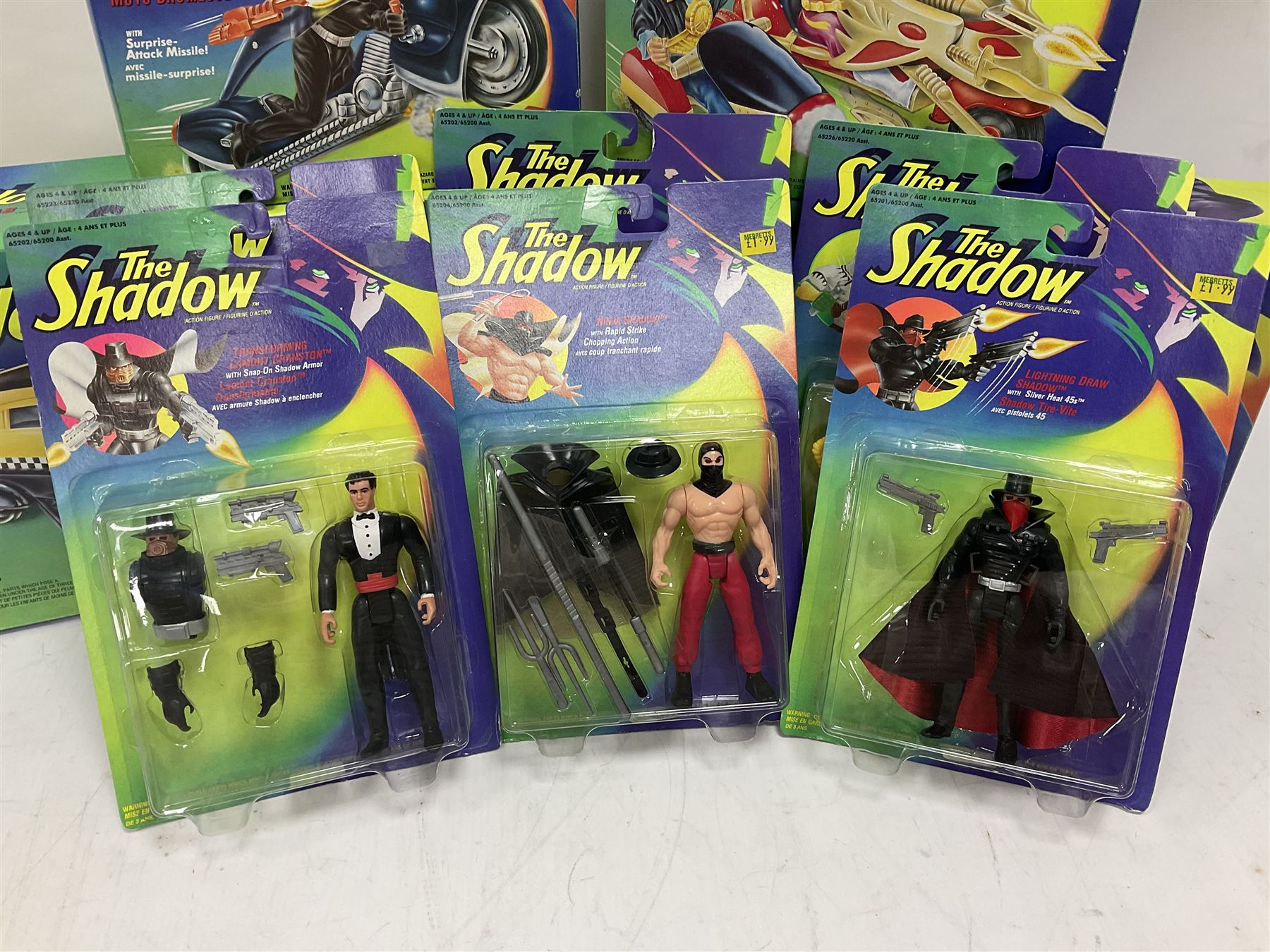 The Shadow - Kenner Thunder Cab; Mirage SX-100 car; Shiwan Khan Serpent Bike; and  Nightmist Cycle; all boxed; and eight Kenner unopened carded action figures (12)