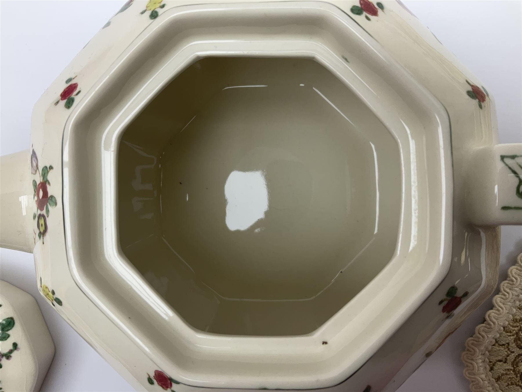 Royal Doulton part dinner service in Old Leeds Sprays pattern,  to include cheese dome, teapot and stand, egg cups etc, together with a selection of floral doilies.  