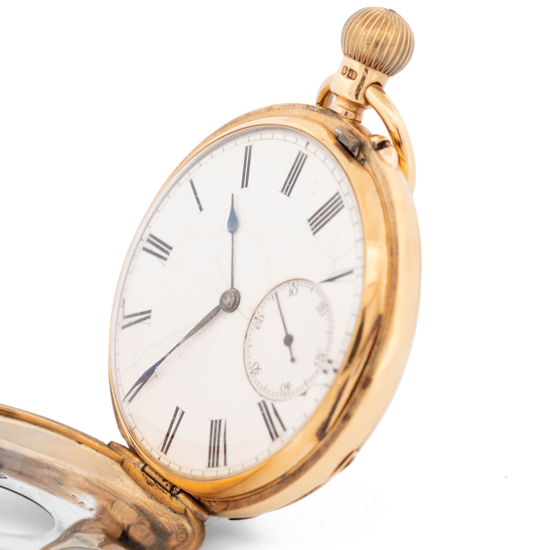 Victorian 18ct gold half hunter keyless lever presentation pocket watch by Lavine Brothers, Johannesburg & London, white enamel dial with Roman numeral hour markers and subsidiary seconds dial, the base case monogrammed with initials, case by Fred Thoms, London 1897