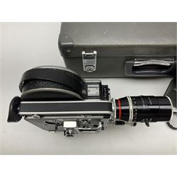 Bolex H16 Reflex camera body, serial no. 136928, with 'Macro-Switar 1:1.9 f=75mm' lens, serial no. 1131474, Switar H16 RX 1:1.6 f=10mm' lens, serial no. 1106324, with hard carry case