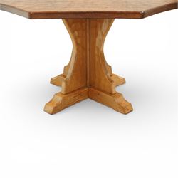Sid Pollard of Thirsk - octagonal oak adzed dining table, with curved edges on a quatriform base