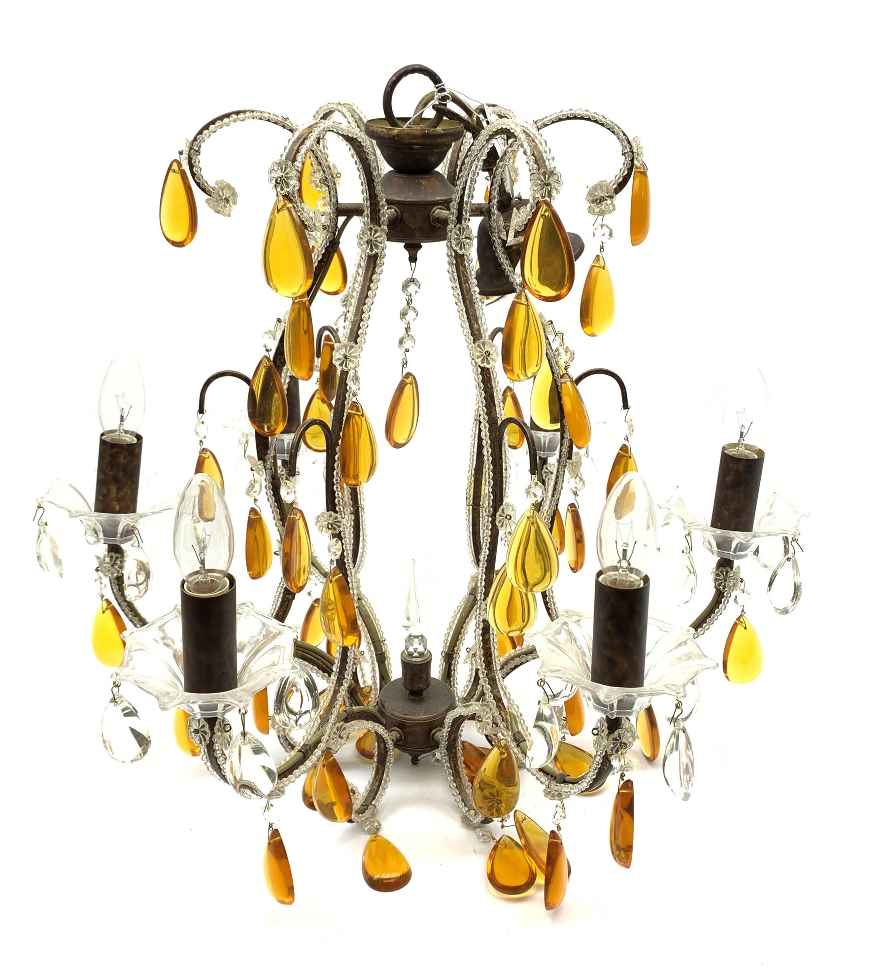 A Murano style chandelier, with six curved branches with frilled clear glass drip pans hung with clear droppers, the whole further decorated with beading detail and hung with amber droppers, approximately H82cm. 