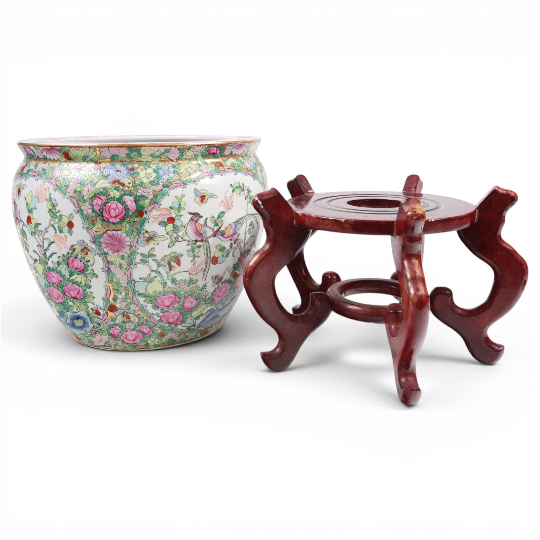 20th century Chinese famille rose fishbowl, decorated with birds in foliage, on hardwood stand, H43cm