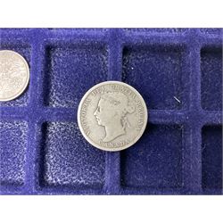 Commemorative, fantasy and other coinage, including George II 1754 farthing, George III 1773 farthing, cartwheel penny and cartwheel two pence, Queen Victoria Canada 1886 twenty five cents, various commemorative crowns etc, housed in three blue coin trays