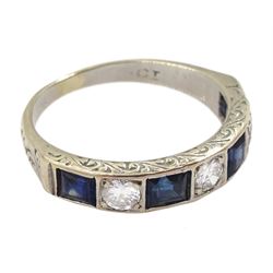 18ct white gold round brilliant cut diamond and calibre cut sapphire half eternity ring, with engraved decoration sides and shoulders, total diamond wight approx 0.40 carat