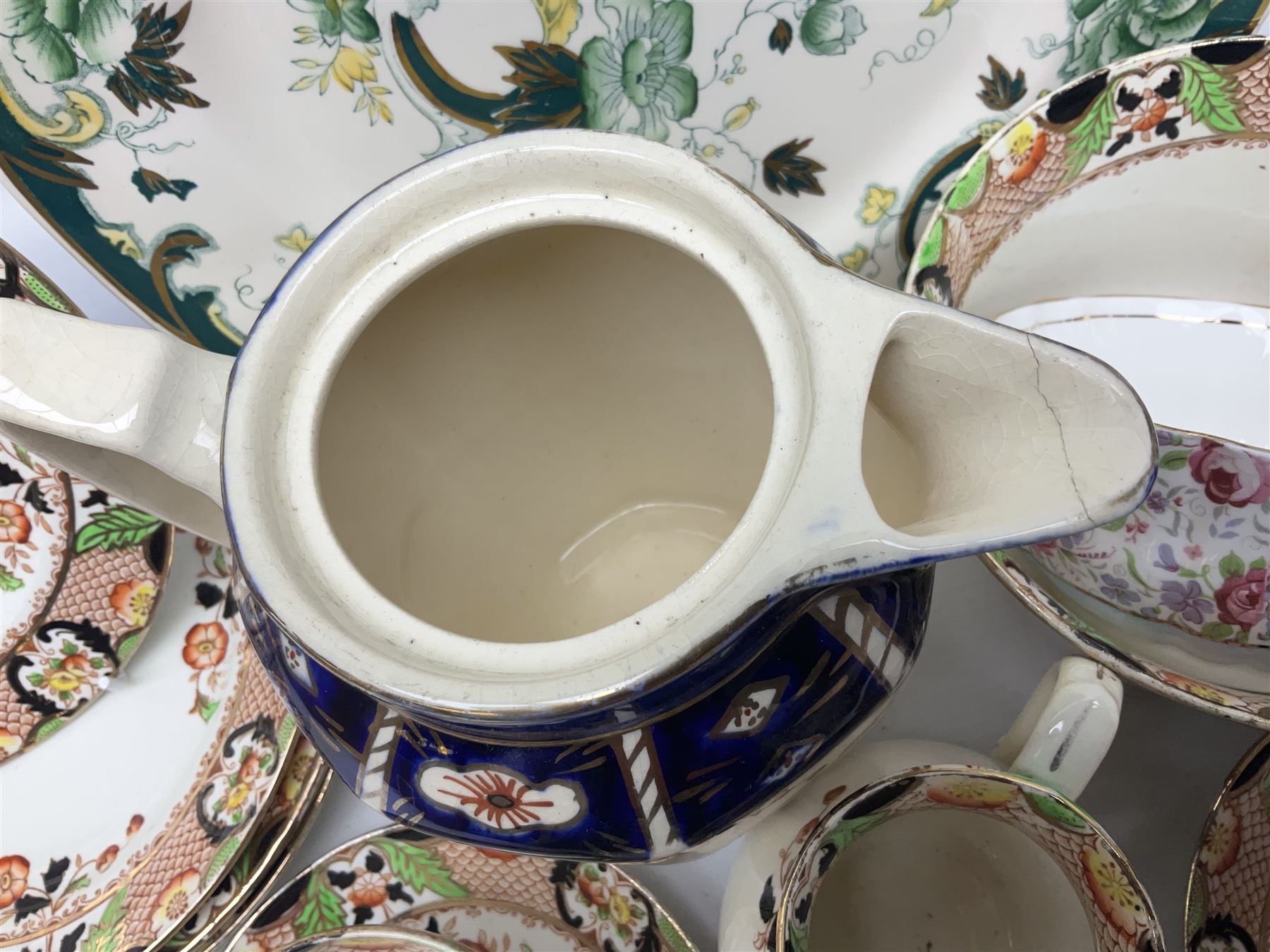 Calais Imari style part tea service, Mason's Chartreuse pattern plate, Arthur Wood Gaudy Welsh style coffee pot, and Victoria Ware teacup and saucer