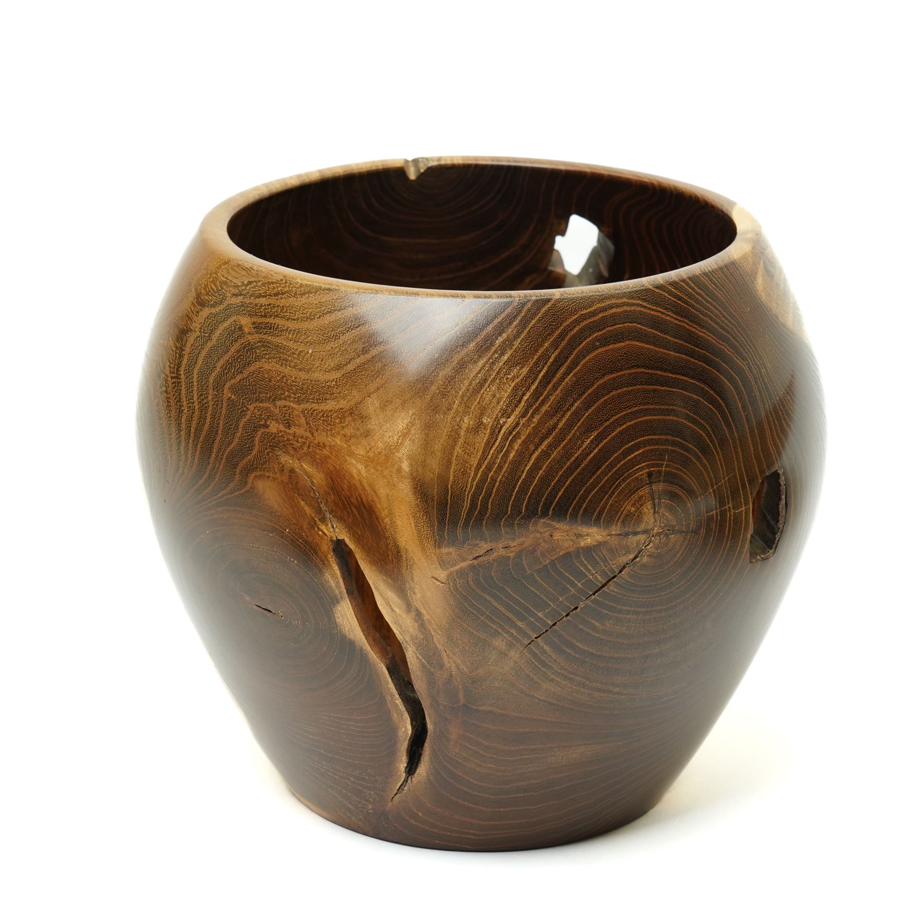 Set of four turned bowls, comprising Sycamore, Yew, Spalted Beech and Laburnam examples, the sycamore having resin with copper leaf inclusions to rim, by Chris Redfearn of Halifax, signed to base, tallest H16cm, largest D39cm (4)