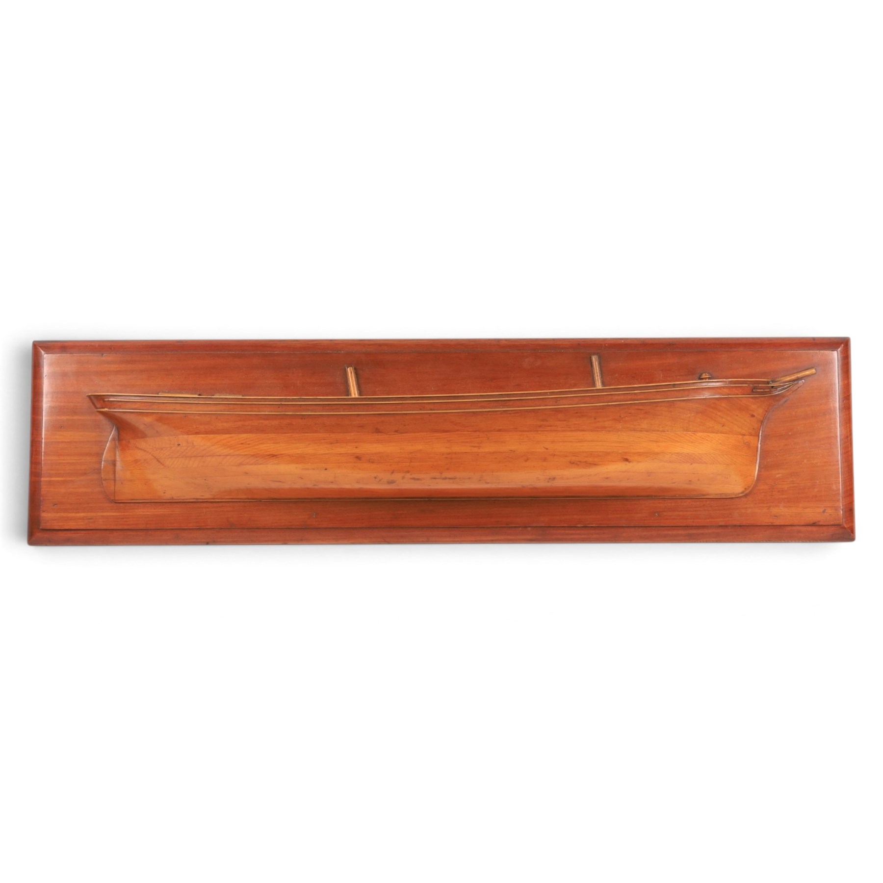 20th century mahogany and pine half-block hull model of a two masted ship, H28cm, W110cm