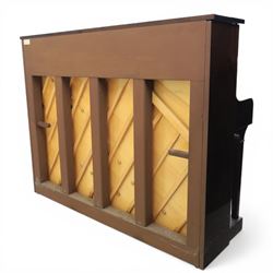 Bluthner of Leipzig upright piano, mahogany case with 88 keys and three brass pedals