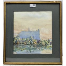 J McK* Thomson (British early 20th century): Riverside Church in Silhouette, watercolour signed and dated 1917, 27cm x 25cm