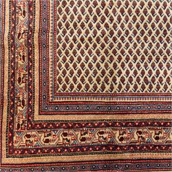 North West Persian Boteh-Mir hand-knotted rug, madder red field decorated with an all-over lattice of small boteh motifs and a central stepped lozenge medallion with repeating stylized boteh and geometric devices, spandrels similarly worked, with multiple narrow borders of floral and geometric bands, in tones of madder red, indigo blue, ivory, and soft green, with cotton fringe ends