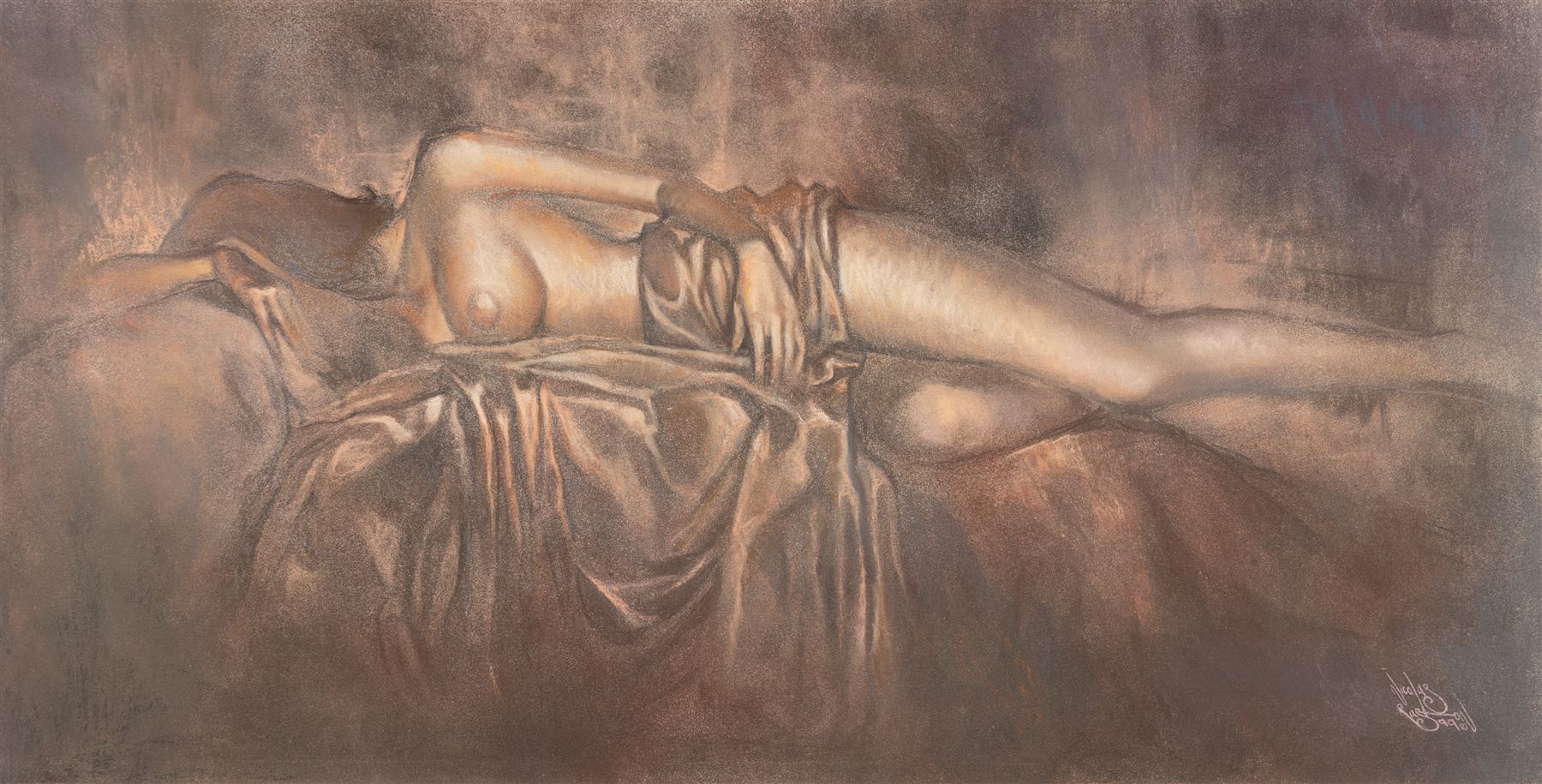 Nicolas Ruston (British 1975-): Reclining Nudes, pair of mixed media signed and dated '99, 38cm x 74cm (2)