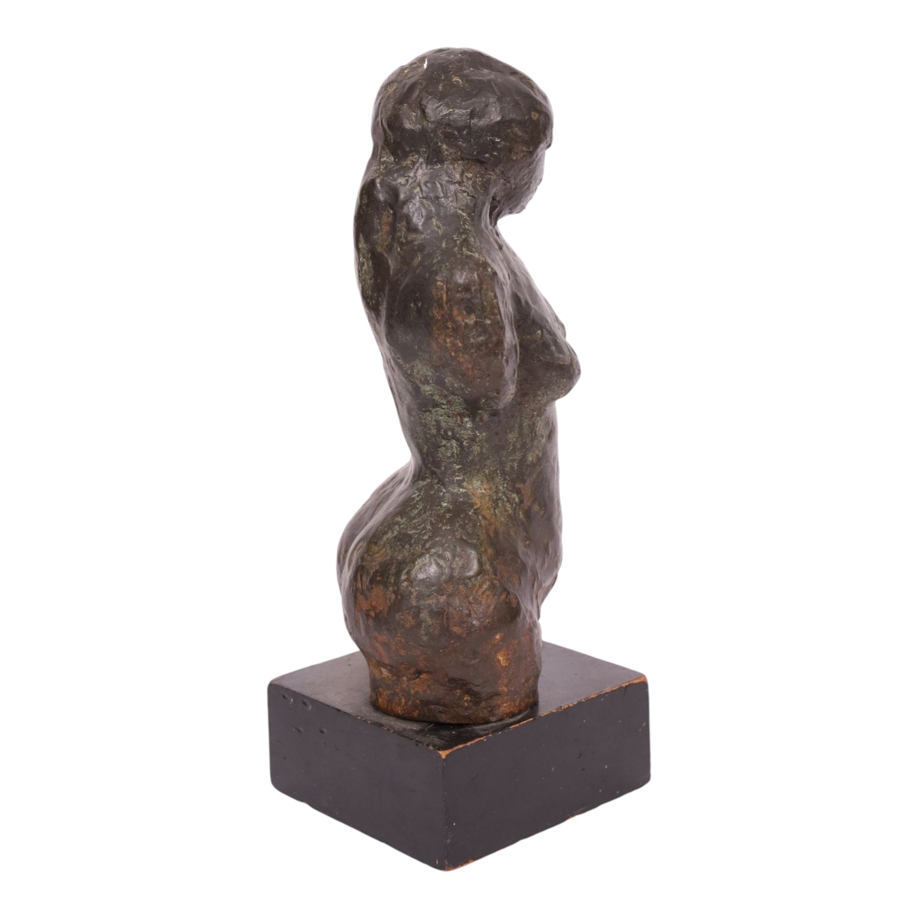 Bronzed sculpture modelled as a female torso, upon a square plinth, H39cm 