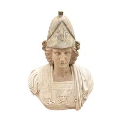 19th century marble and alabaster bust, modelled as a Roman warrior, total H68cm