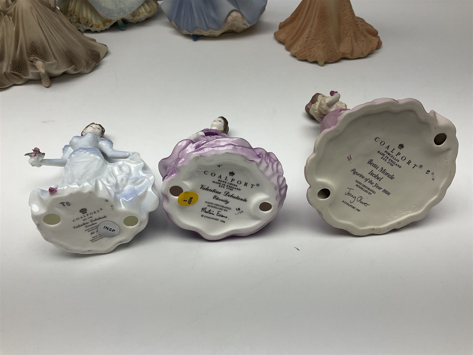 Eight Coalport figures of ladies, comprising five Age of Elegance examples to include Richmond Park, Summer Saunter and Touch of Spring, together with Beau Monde Isobel 1998, Valentine Debutante Eternity and Devotion