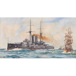 Charles John de Lacy (British 1856-1929): Japanese Battleship, watercolour signed 14.5cm x 26.5cm 
