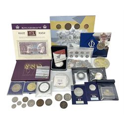 Coins and sets, including Great Britain and Northern Ireland 1970 proof coin collection in card folder, Queen Elizabeth II 2021 'Through the Looking Glass' five pounds, 2021 'Winnie the Pooh' fifty pence, Queen Victoria 1887 halfcrown, King George V 1914 halfcrown, commemorative coins, The Royal Mint Solomon Islands 2003 twenty-five dollars silver proof coin cased with certificate, 9ct gold half sovereign mount etc