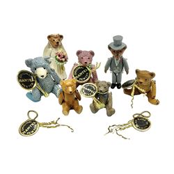 Seven Hantel miniature articulated pewter teddy bears, including bride and groom 