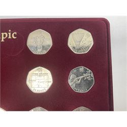 Queen Elizabeth II United Kingdom London 2012 Olympic commemorative fifty pence collection comprising twenty-nine coins and completer medallion, housed in unofficial display case